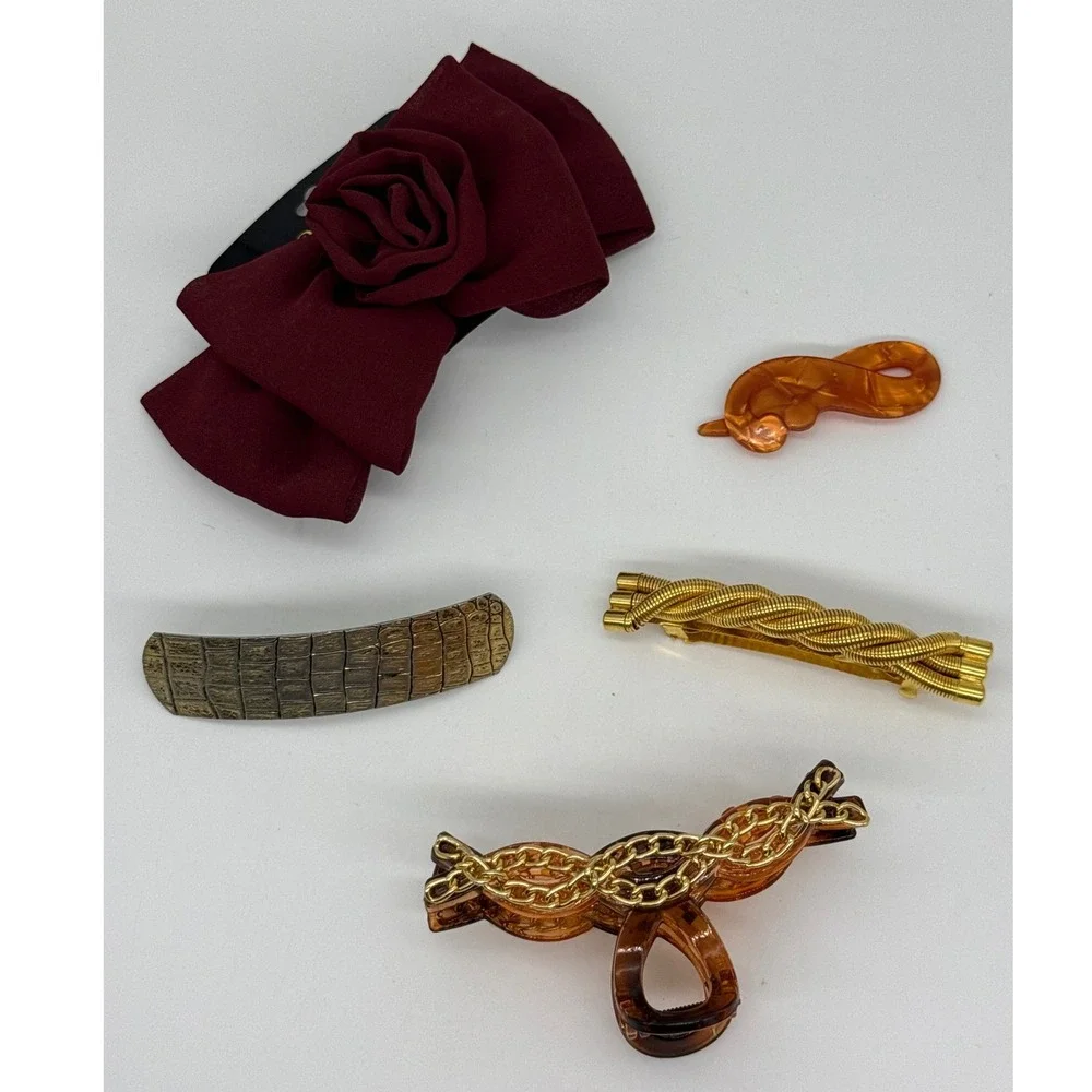 Vintage Hair‎ Clip Barette Bundle Bow Burgundy Gold Chain Tortoiseshell 5pc